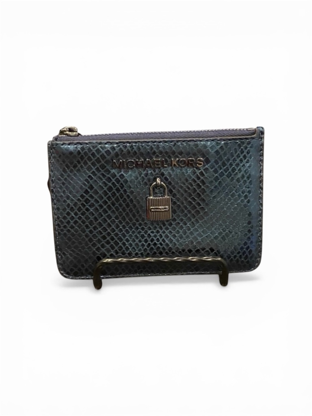 Michael Kors Teal Blue Snakeskin card case with gunmetal key chain